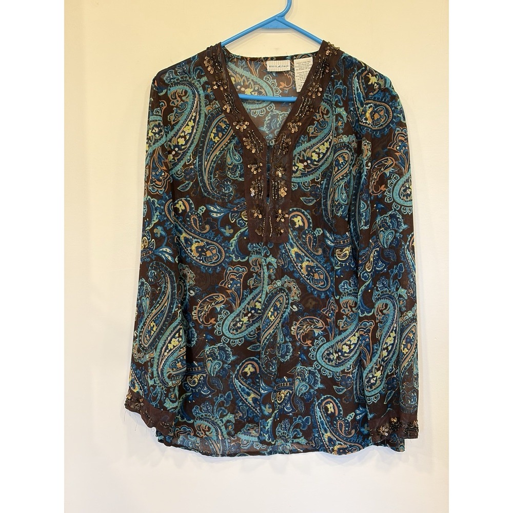 Womens L Paisley Boho Embellished Beaded Blouse Teal Brown Fall Artsy Oversized